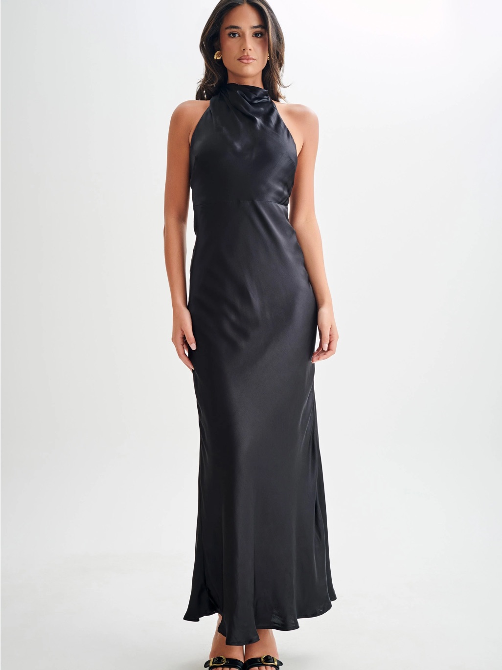 Meshki Esther Black Satin Halter Maxi Dress